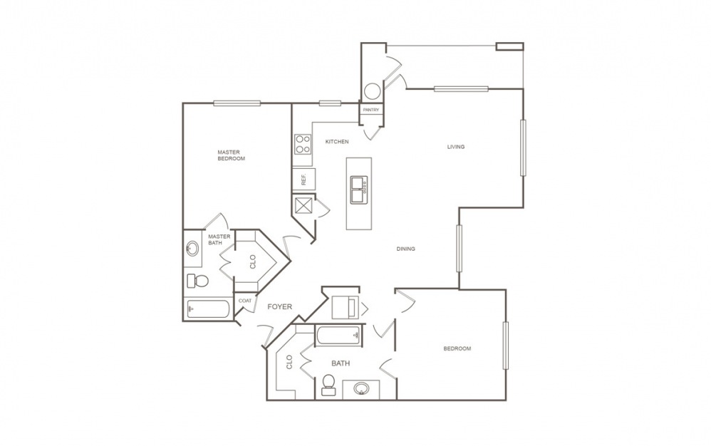 B2 - 2 bedroom floorplan layout with 2 bath and 1186 square feet (1st floor 2D)